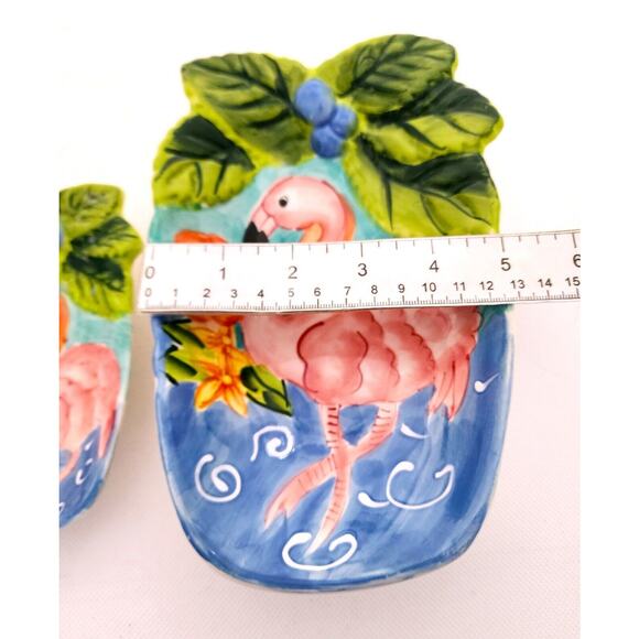 DISHES-HAUSENWARE-Trinket-Serving-Flamingo-Pink-Tropical-Embossed-SET OF 2 - Picture 11 of 15